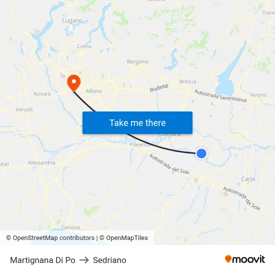 Martignana di Po to Sedriano map