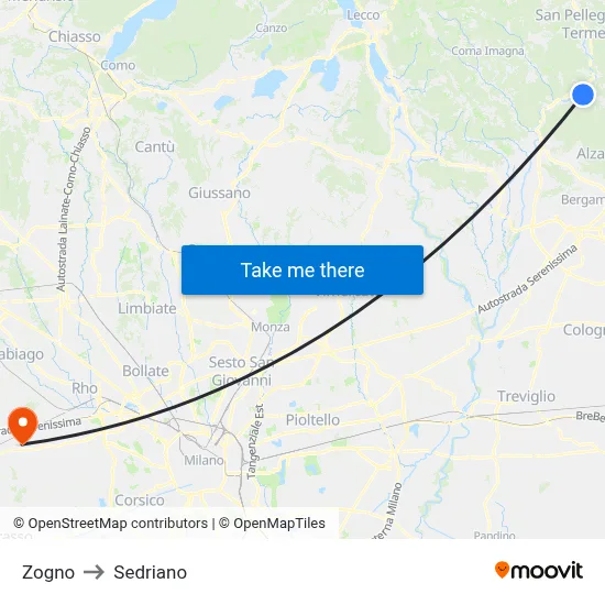 Zogno to Sedriano map