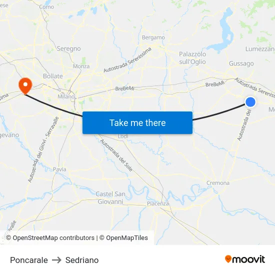 Poncarale to Sedriano map