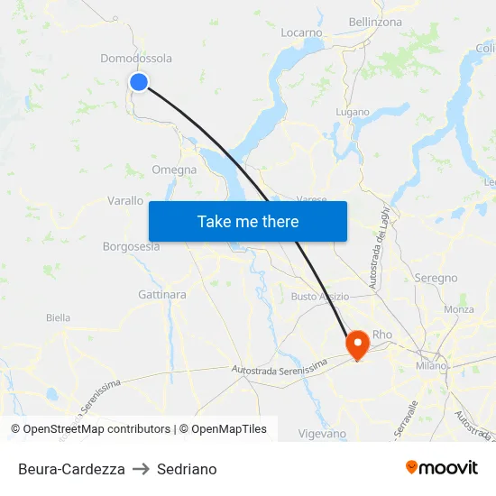 Beura-Cardezza to Sedriano map