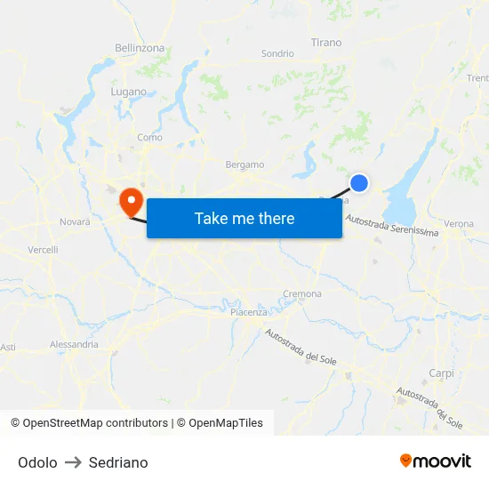 Odolo to Sedriano map