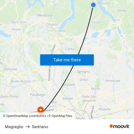Magreglio to Sedriano map