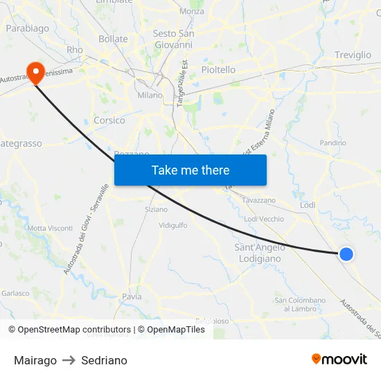 Mairago to Sedriano map