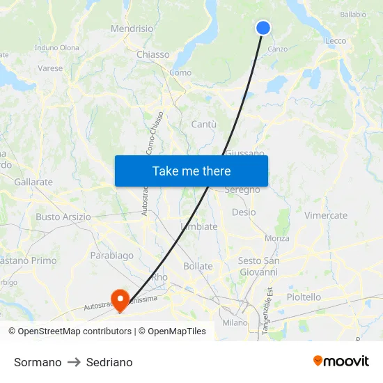 Sormano to Sedriano map