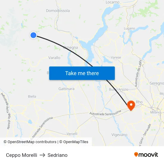 Ceppo Morelli to Sedriano map