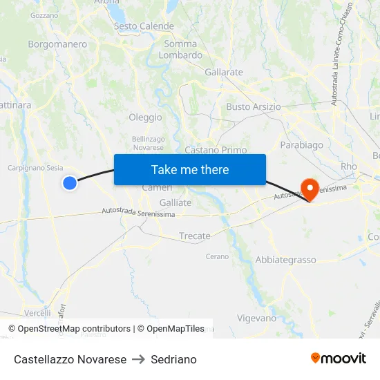 Castellazzo Novarese to Sedriano map