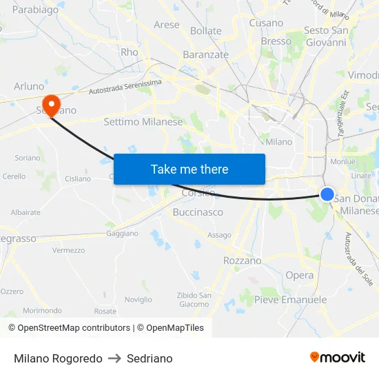 Milano Rogoredo to Sedriano map