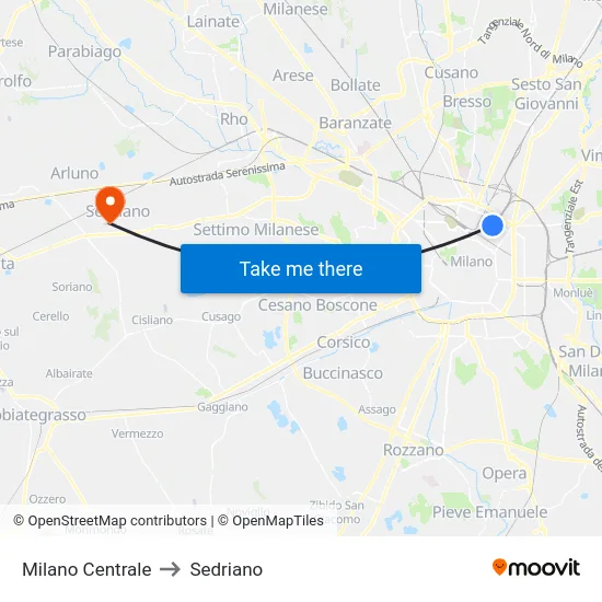 Milano Centrale to Sedriano map
