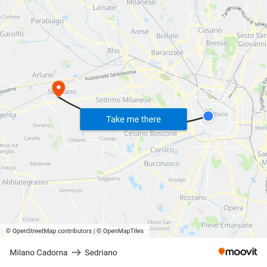 Milano Cadorna to Sedriano map