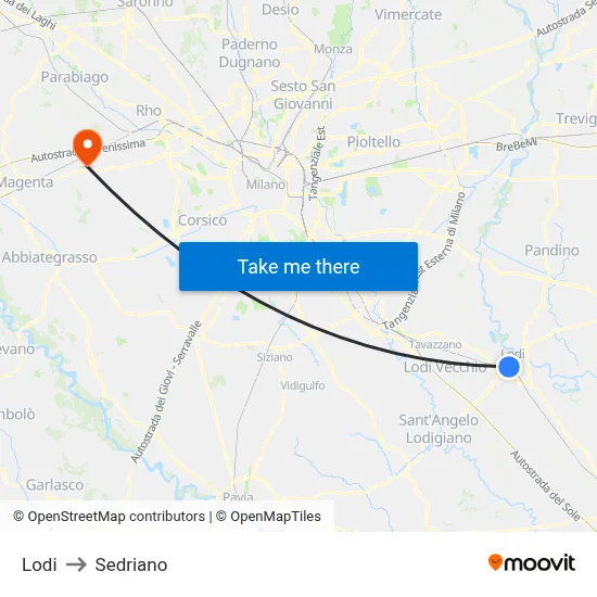 Lodi to Sedriano map