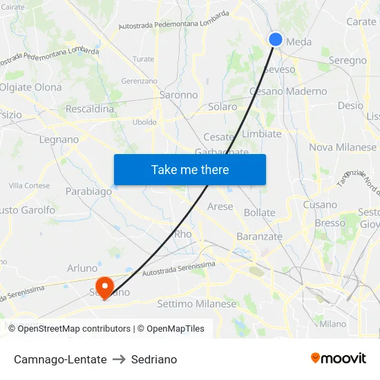 Camnago-Lentate to Sedriano map