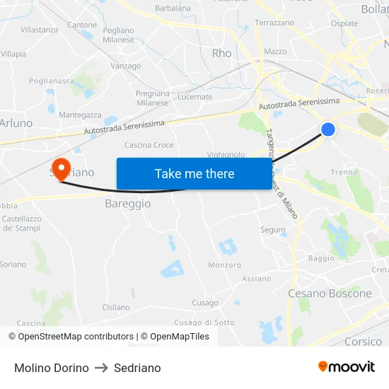 Molino Dorino to Sedriano map