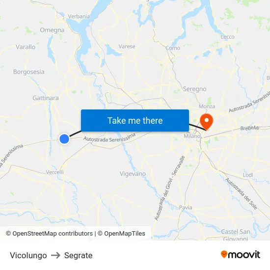 Vicolungo to Segrate map
