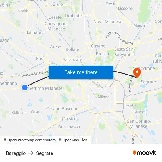 Bareggio to Segrate map