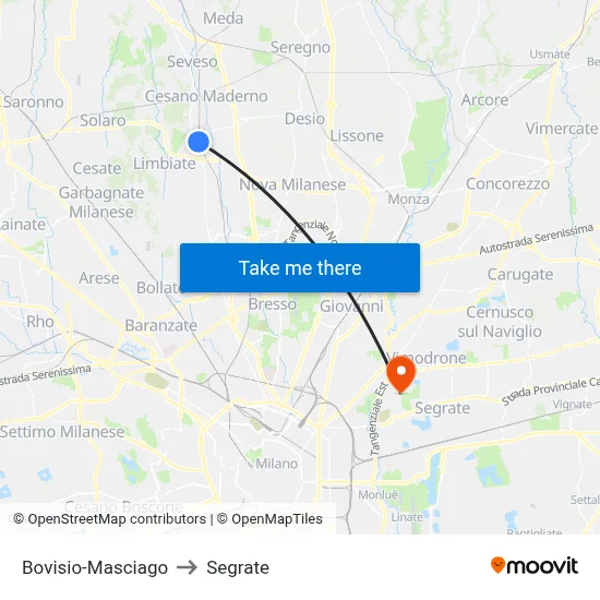 Bovisio-Masciago to Segrate map