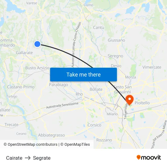 Cairate to Segrate map