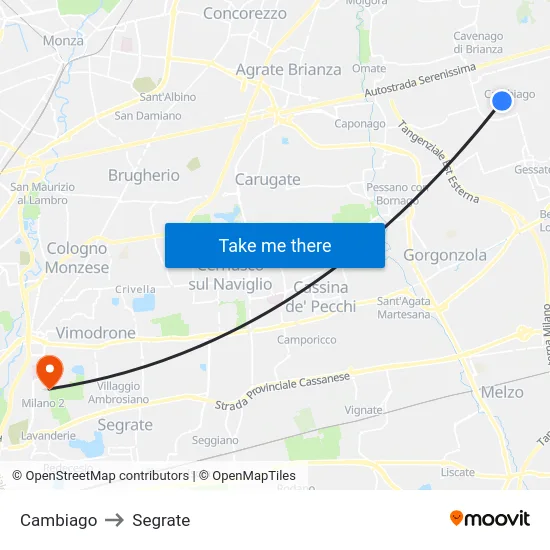 Cambiago to Segrate map