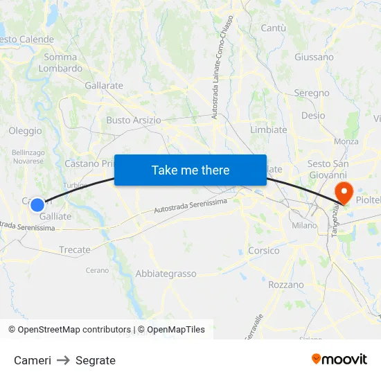 Cameri to Segrate map