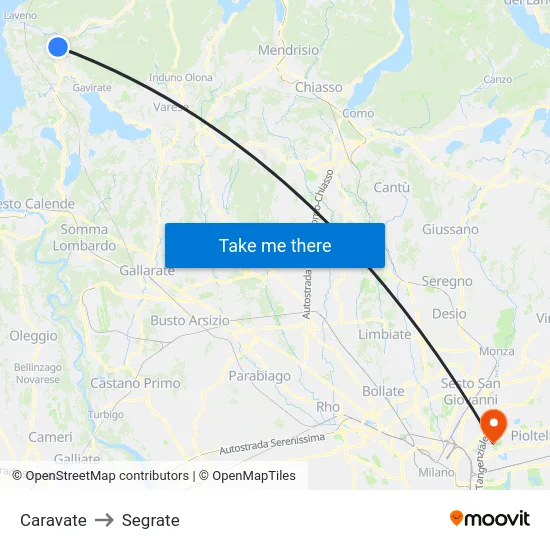 Caravate to Segrate map