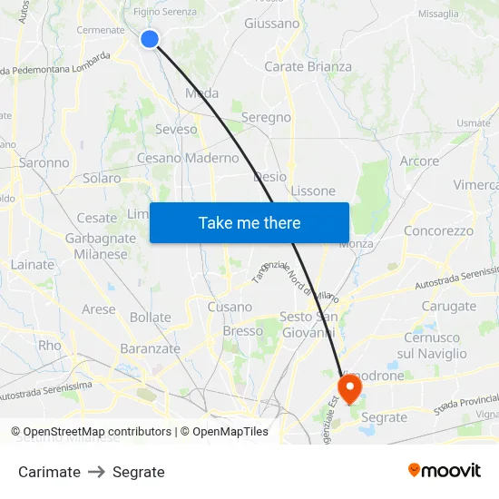 Carimate to Segrate map