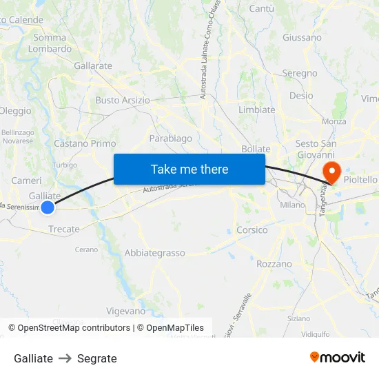 Galliate to Segrate map