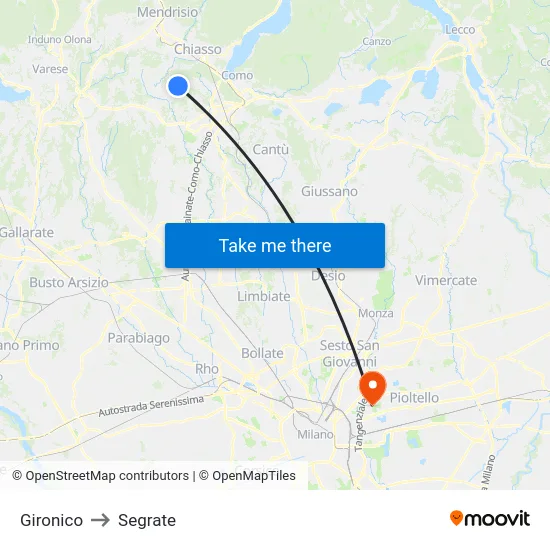 Gironico to Segrate map