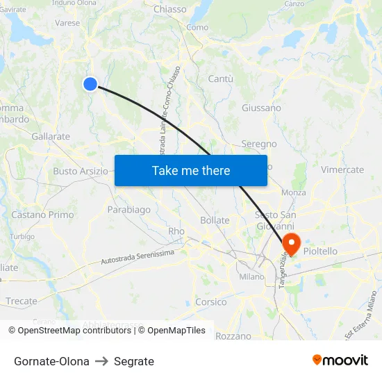 Gornate-Olona to Segrate map