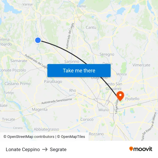 Lonate Ceppino to Segrate map