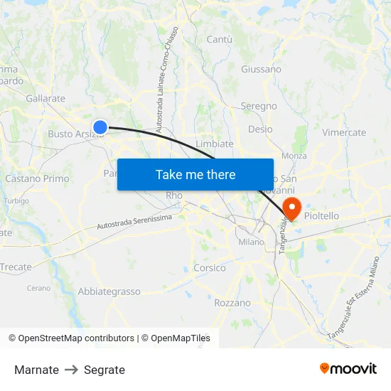 Marnate to Segrate map