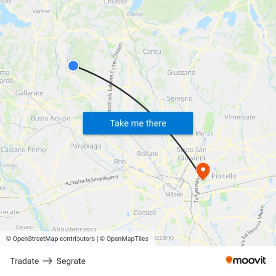 Tradate to Segrate map