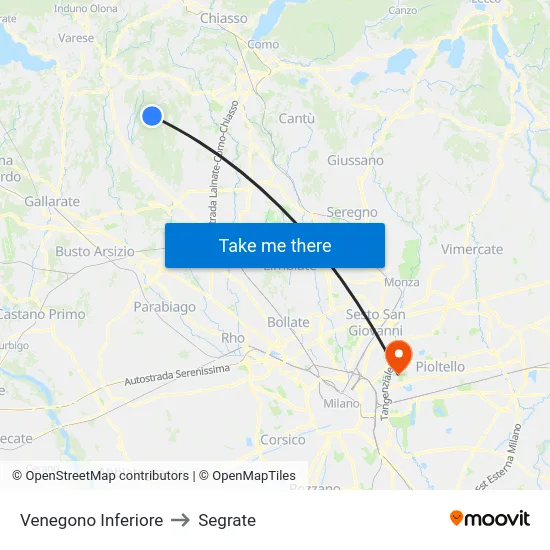 Venegono Inferiore to Segrate map