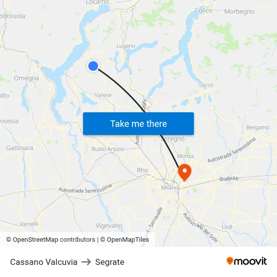 Cassano Valcuvia to Segrate map