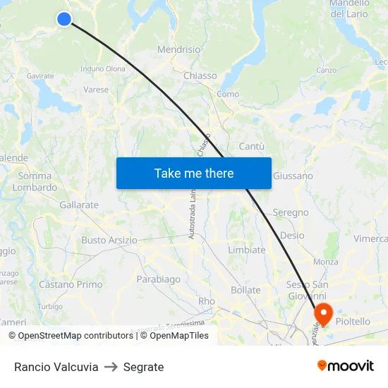 Rancio Valcuvia to Segrate map