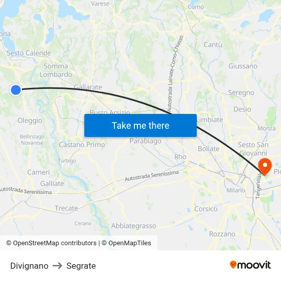 Divignano to Segrate map