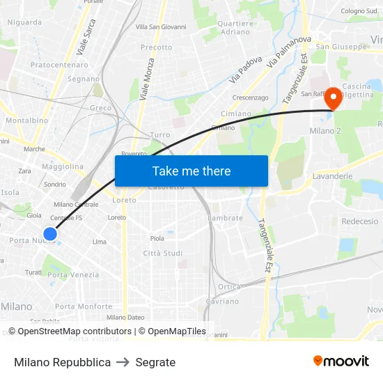Milano Repubblica to Segrate map