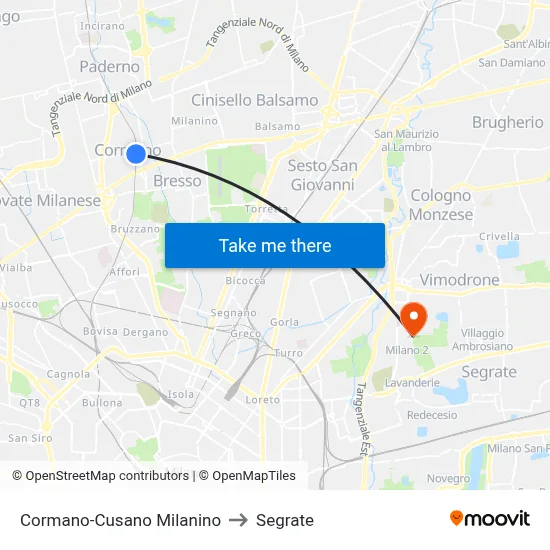 Cormano-Cusano Milanino to Segrate map