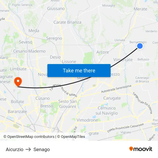 Aicurzio to Senago map