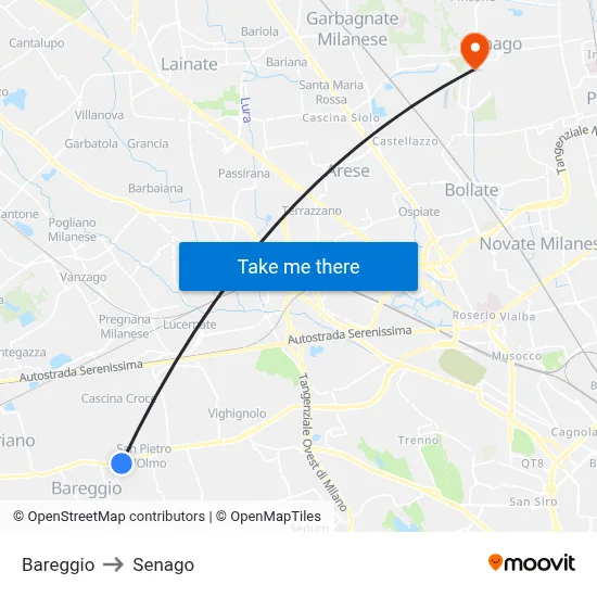 Bareggio to Senago map