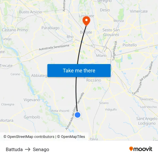 Battuda to Senago map