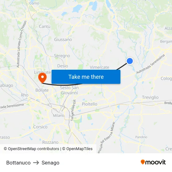 Bottanuco to Senago map