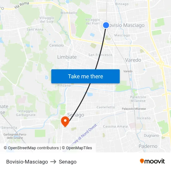 Bovisio-Masciago to Senago map