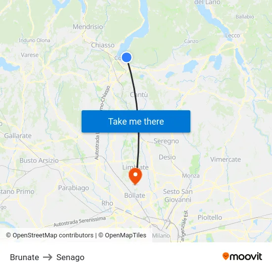 Brunate to Senago map