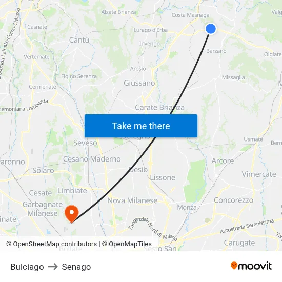Bulciago to Senago map