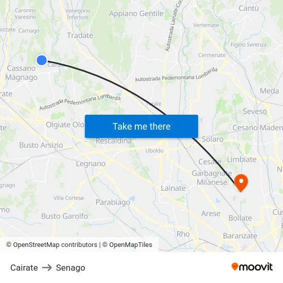 Cairate to Senago map