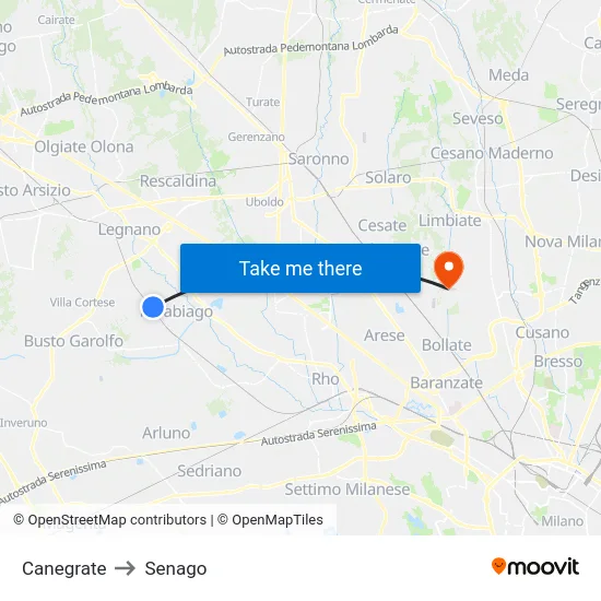 Canegrate to Senago map