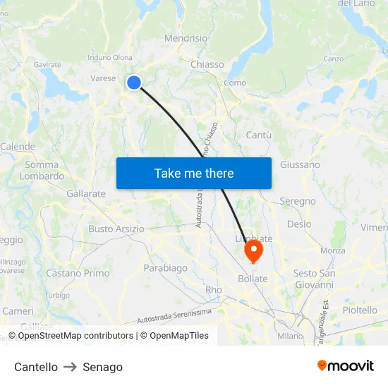 Cantello to Senago map