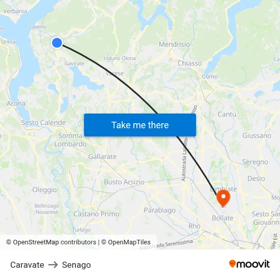 Caravate to Senago map