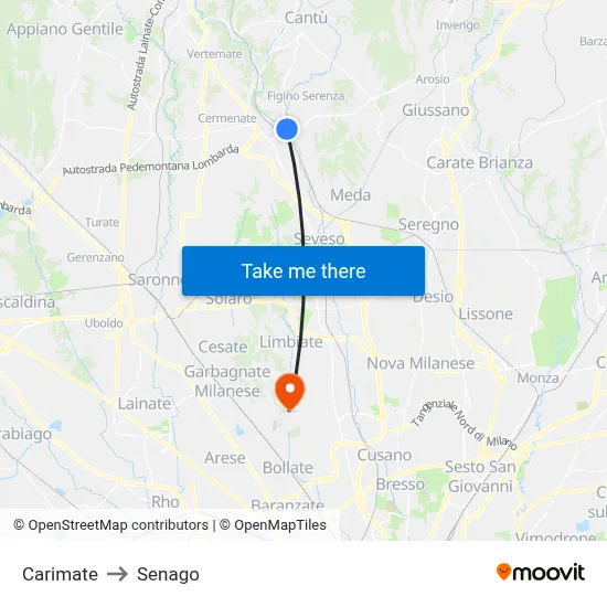 Carimate to Senago map
