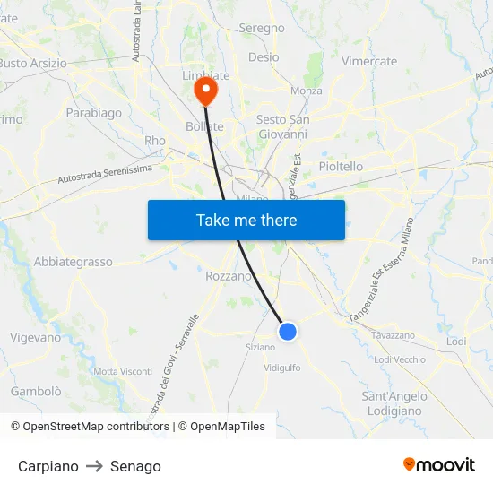 Carpiano to Senago map