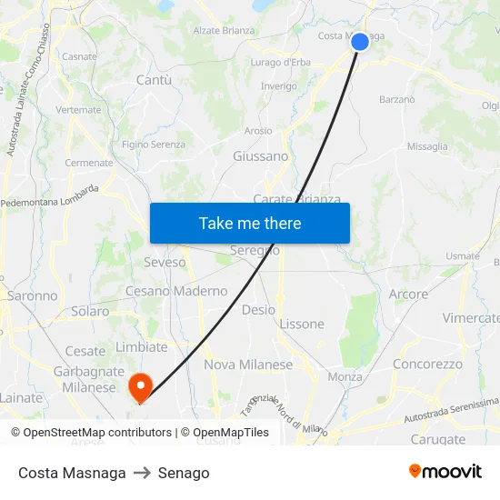 Costa Masnaga to Senago map